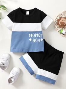 男嬰字母圖案撞色T恤和短褲 - 彩色 - 查看 1