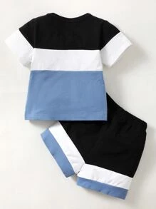 男嬰字母圖案撞色T恤和短褲 - 彩色 - 查看 2