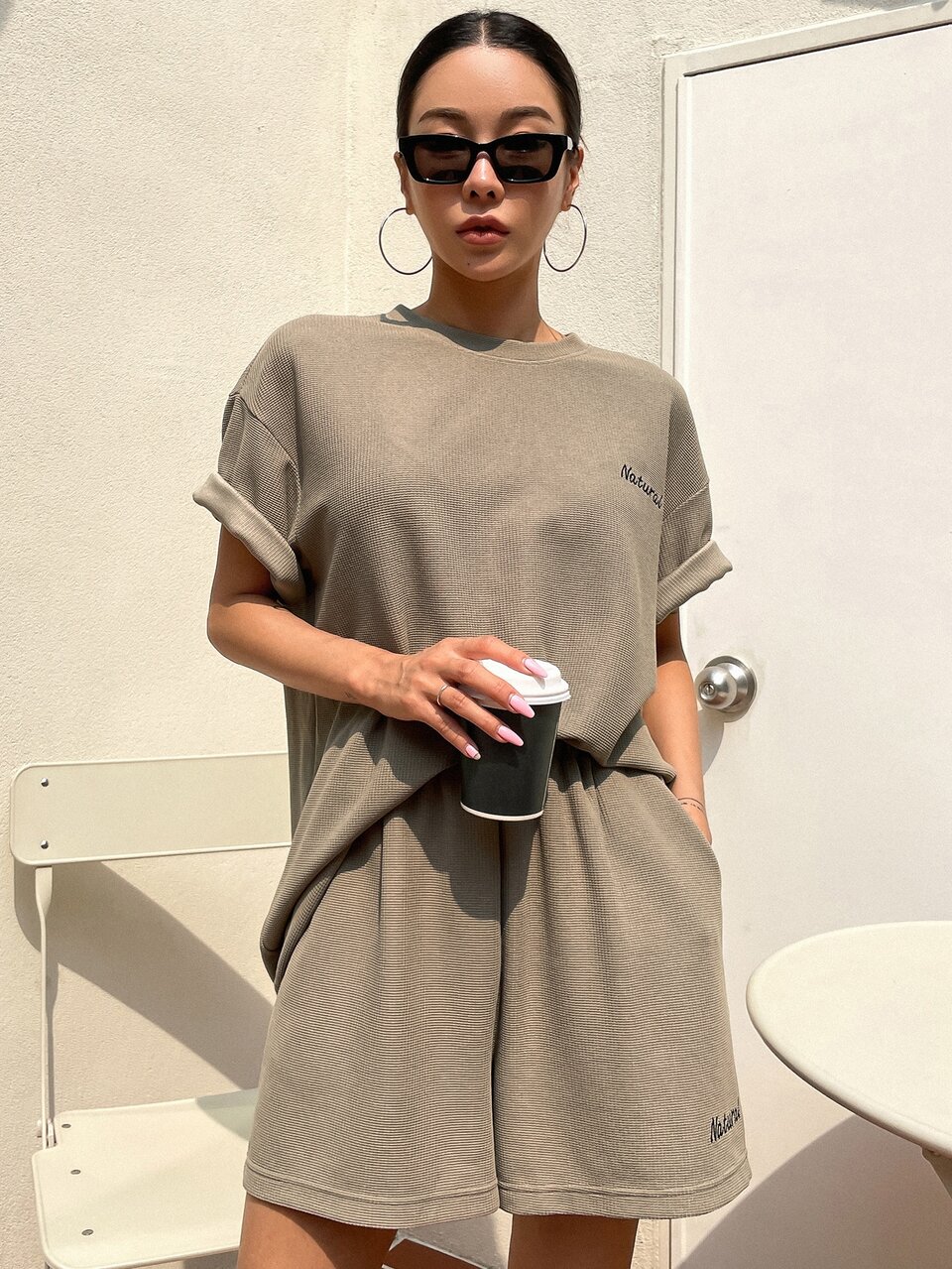 Letter Embroidery Drop Shoulder Tee & Shorts Lounge Sets For Women