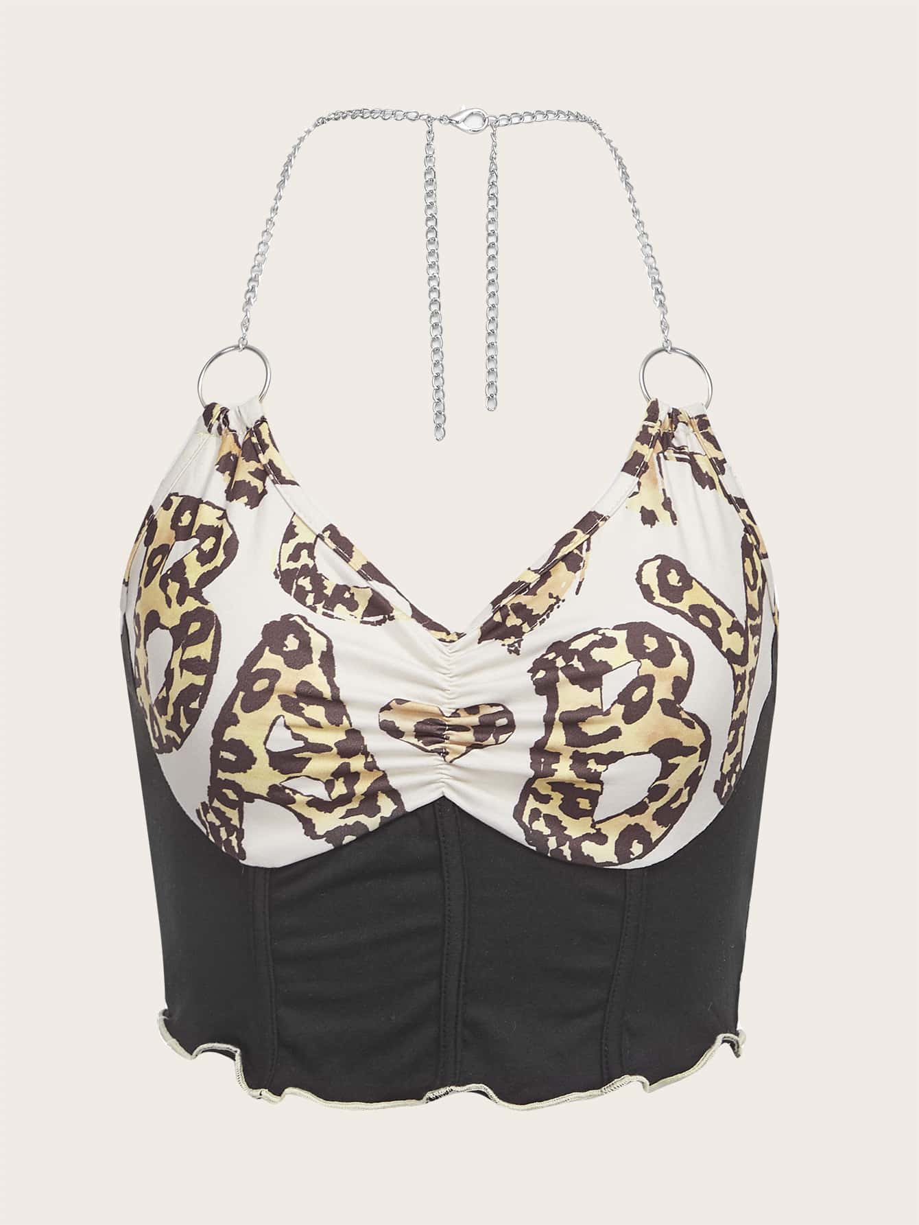 SHEIN MOD Leopard Ruched Lettuce Trim O-ring Chain Strap Halter Top - Multicolor - View 1