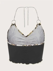 SHEIN MOD Leopard Ruched Lettuce Trim O-ring Chain Strap Halter Top - Multicolor - View 2