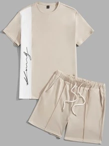 GENTILAND Men Letter Graphic Colourblock Tee & Drawstring Waist Shorts - Khaki - View 1