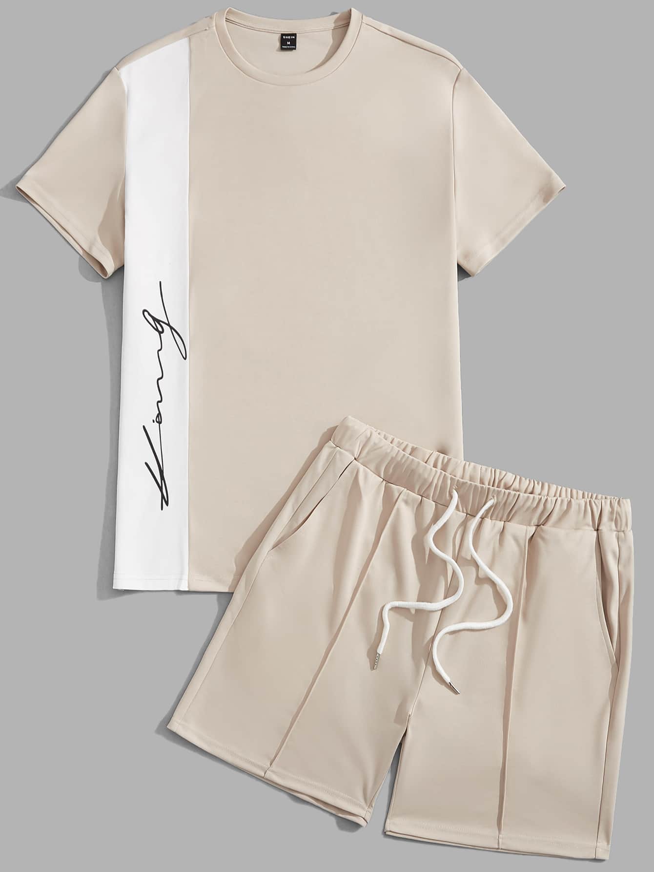 GENTILAND Men Letter Graphic Colourblock Tee & Drawstring Waist Shorts - Khaki - View 1