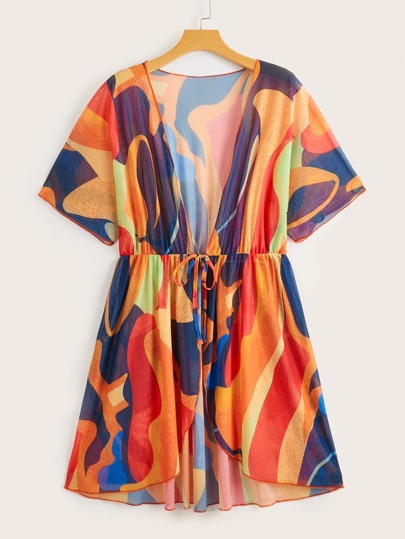 大碼滿版印花撞色蝙蝠袖前繫帶和服罩衫