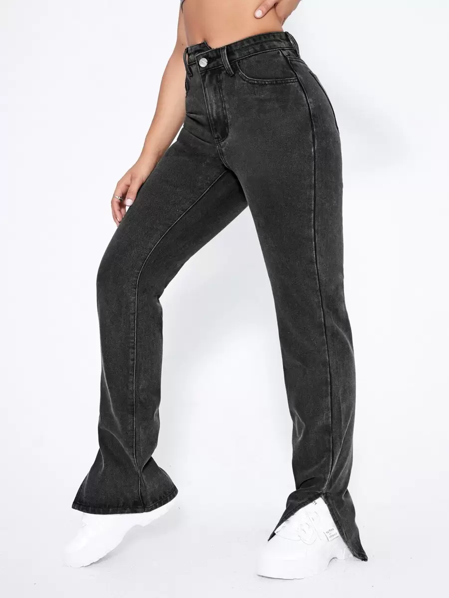 SHEIN EZwear Quần jean nữ Nút Chia Dây kéo Denim mùa giặt màu trơn - Màu xám đen - Xem 1