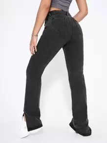 SHEIN EZwear Quần jean nữ Nút Chia Dây kéo Denim mùa giặt màu trơn - Màu xám đen - Xem 2