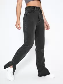 SHEIN EZwear Quần jean nữ Nút Chia Dây kéo Denim mùa giặt màu trơn - Màu xám đen - Xem 4