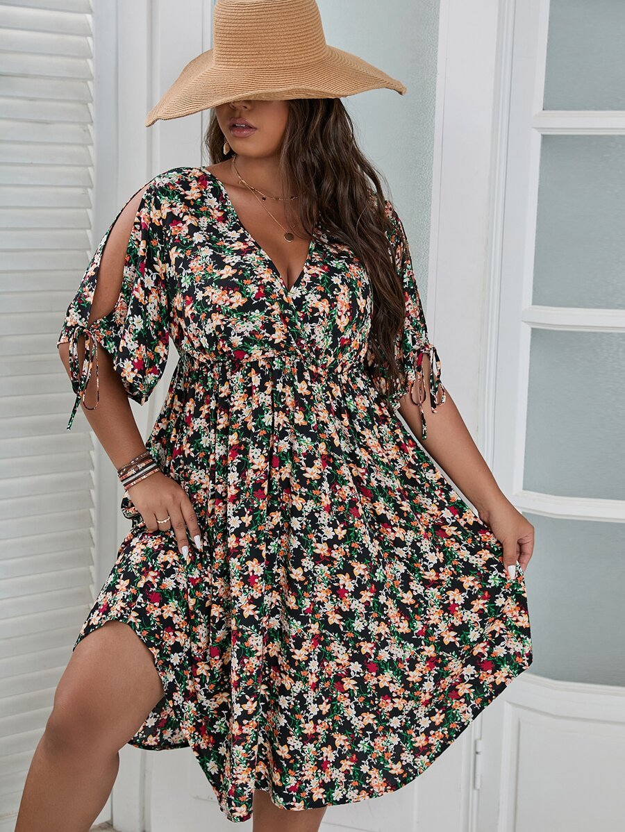 Breezaya Đầm Plus Size Thắt nút Chia Trọn gói Hoa Tất cả trên in Boho - Nhiều màu - Xem 1