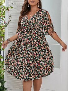 Breezaya Đầm Plus Size Thắt nút Chia Trọn gói Hoa Tất cả trên in Boho - Nhiều màu - Xem 3