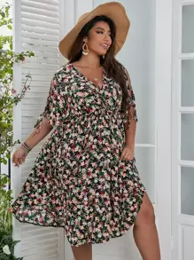 Breezaya Đầm Plus Size Thắt nút Chia Trọn gói Hoa Tất cả trên in Boho - Nhiều màu - Xem 4
