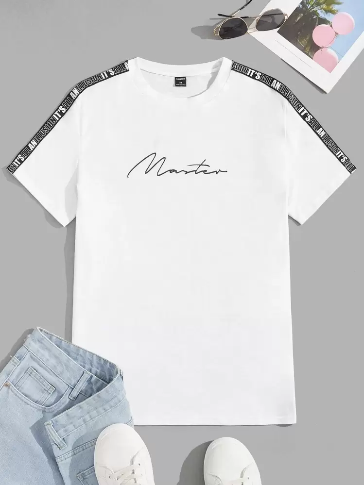 Manfinity VCAY Homens Camiseta Fita de Padrão de letra Painel - Branco - Ver 1