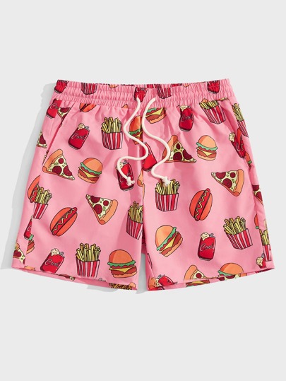 Guys Food Print Drawstring Waist Shorts