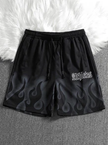 Manfinity Roghcode Loose Fit Men's Fire Letter Printed Shorts With Drawstring Waist Pattern Graphic Plain Black Going Out, Black Graphic Shorts, Men's Streetwear Shorts, Men's Black Flame Shorts - Black - View 1