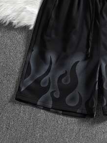Manfinity Roghcode Loose Fit Men's Fire Letter Printed Shorts With Drawstring Waist Pattern Graphic Plain Black Going Out, Black Graphic Shorts, Men's Streetwear Shorts, Men's Black Flame Shorts - Black - View 3