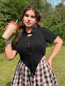 SHEIN Unity Camiseta corta tejido de canalé bajo pañuelo - Negro - Ver 5