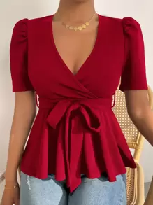 SHEIN Clasi Puff Sleeve Surplice Neck Belted Peplum Tee - Red - View 1