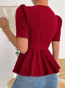 SHEIN Clasi Puff Sleeve Surplice Neck Belted Peplum Tee - Red - View 2