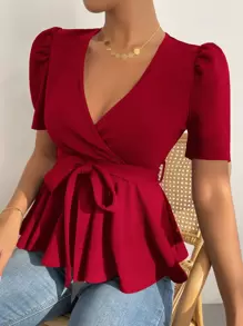 SHEIN Clasi Puff Sleeve Surplice Neck Belted Peplum Tee - Red - View 3