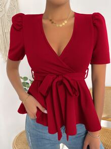 SHEIN Clasi Puff Sleeve Surplice Neck Belted Peplum Tee - Red - View 5