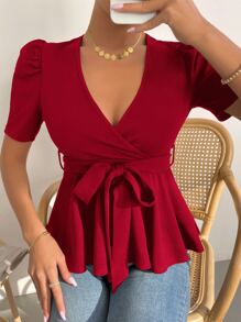 SHEIN Clasi Puff Sleeve Surplice Neck Belted Peplum Tee - Red - View 6