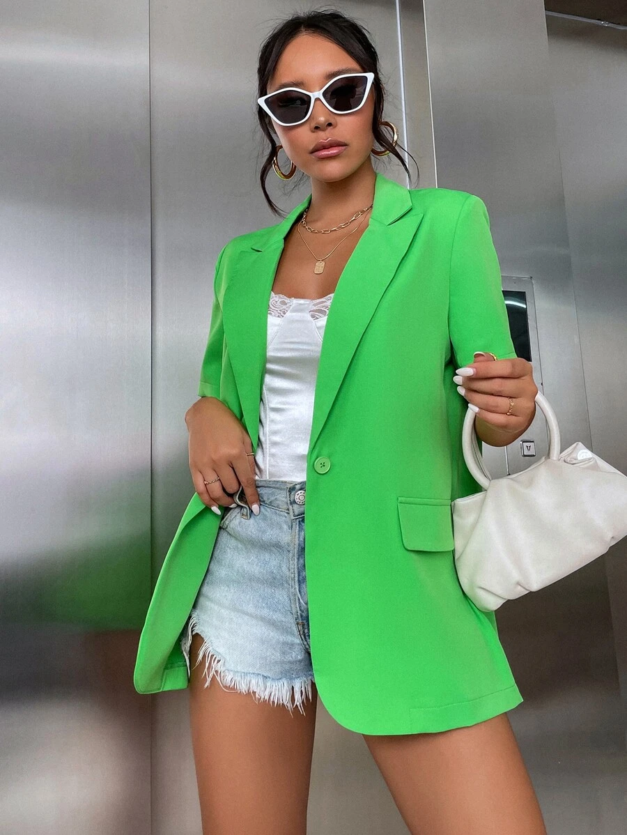 SHEIN Essnce Blazer bolsillo falso con botón - Verde - Ver 1