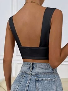 Deep V Neck Ruched Tank Top - Black - View 2