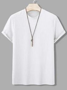 Manfinity Homme 男士素色條紋針織T恤無項鏈 - 白色 - 查看 1