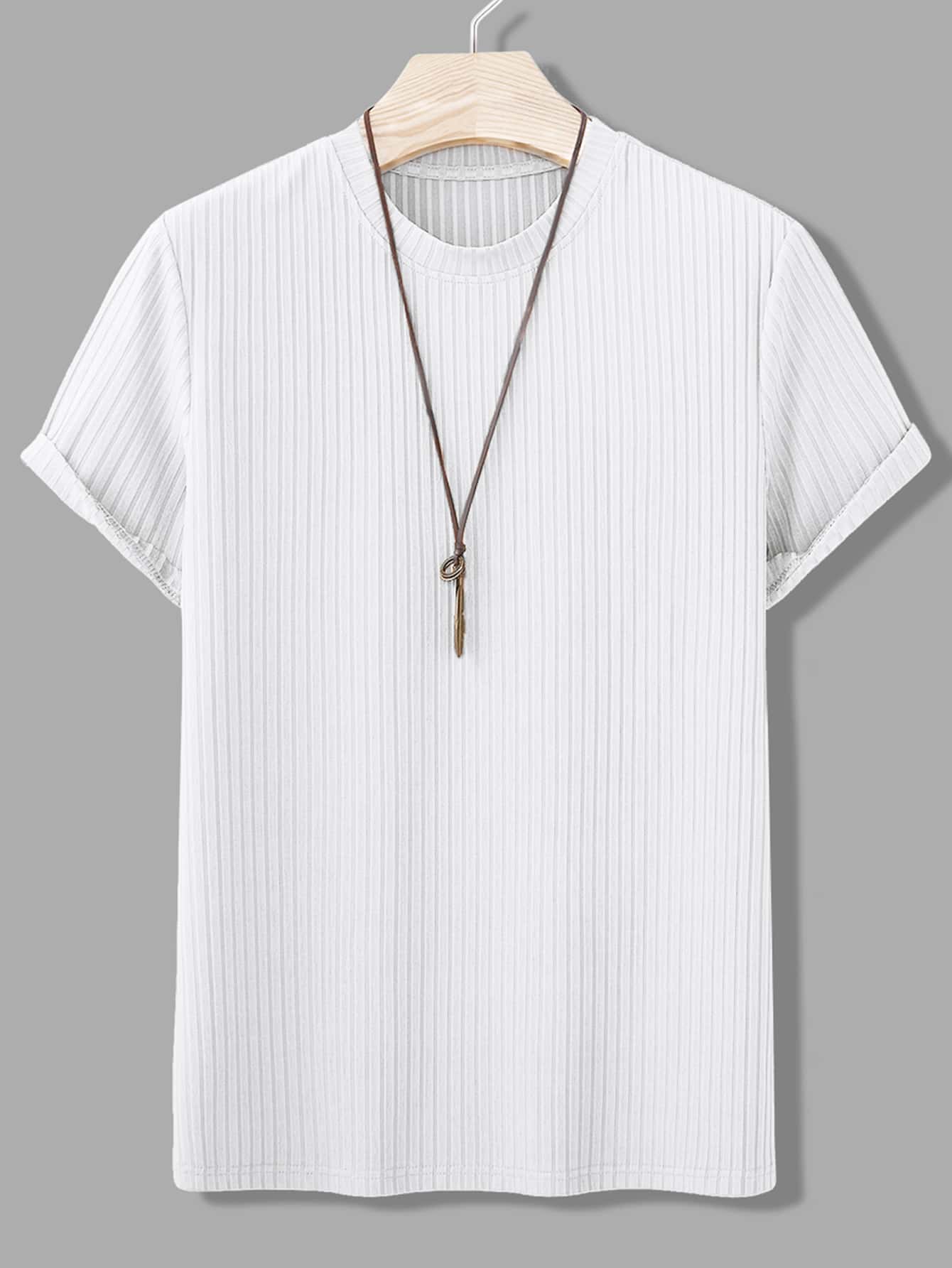 Manfinity Homme 男士素色條紋針織T恤無項鏈 - 白色 - 查看 1