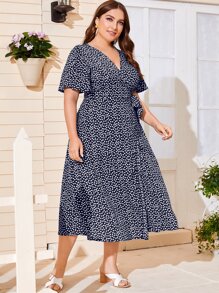 Breezaya Plus Size Boho Ditsy Floral Knot Side Wrap Dress, For Summer - Blue and White - View 3