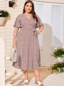 SHEIN Clasi Plus Size Boho Ditsy Floral Knot Side Wrap Dress Maxi Women Outfit - Dusty Pink - View 3