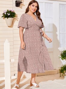 SHEIN Clasi Plus Size Boho Ditsy Floral Knot Side Wrap Dress Maxi Women Outfit - Dusty Pink - View 4
