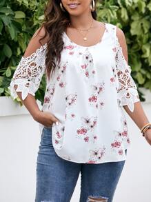 SHEIN LUNE Plus Butterfly & Floral Print Contrast Guipure Lace Cold Shoulder Blouse - White - View 1