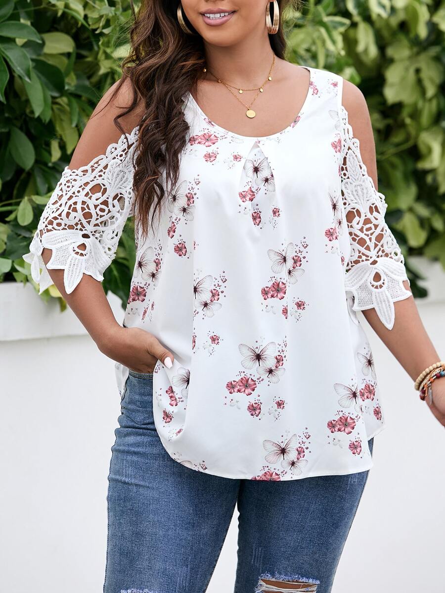 SHEIN LUNE Plus Butterfly & Floral Print Contrast Guipure Lace Cold Shoulder Blouse - White - View 1
