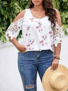 SHEIN LUNE Plus Butterfly & Floral Print Contrast Guipure Lace Cold Shoulder Blouse - White - View 4