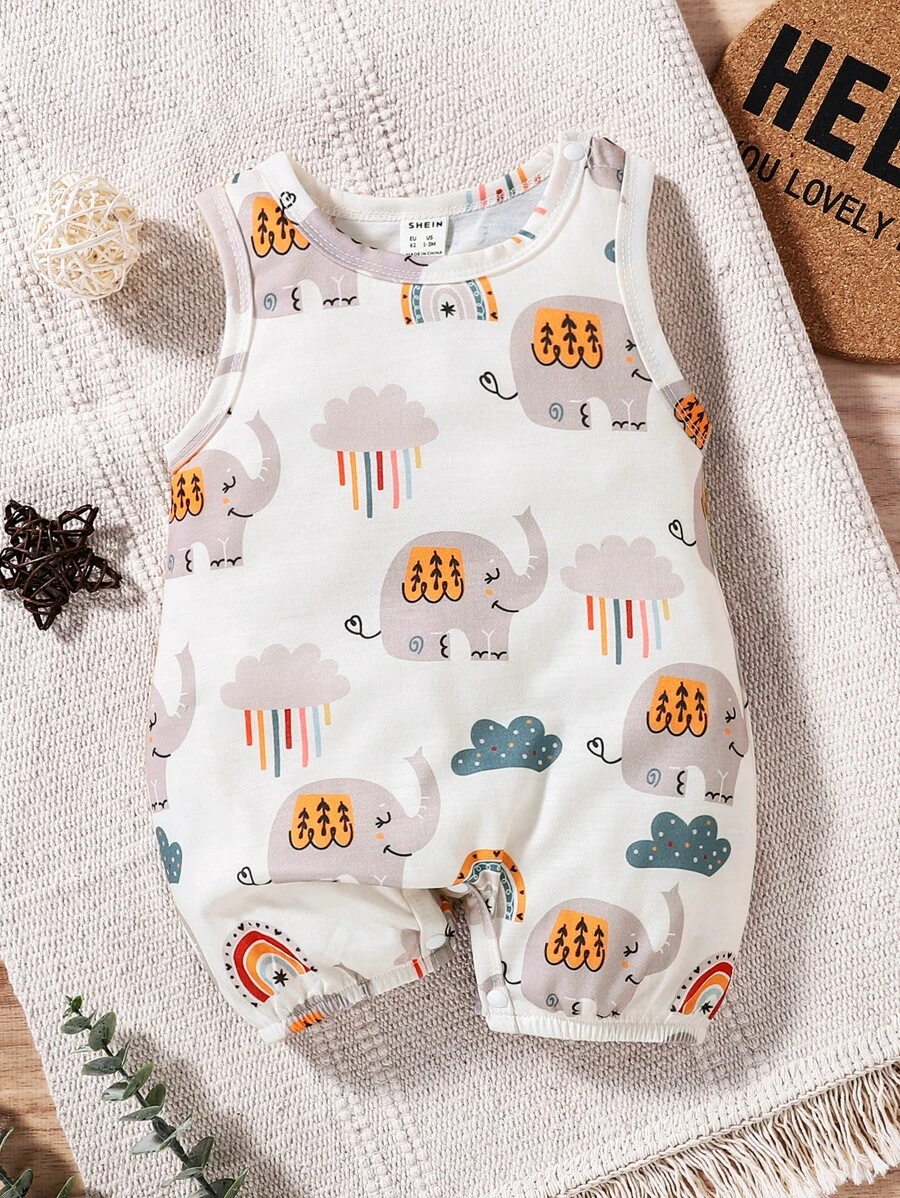 SHEIN Baby Boy Elephant & Cloud Print Tank Romper - Multicolor - View 1