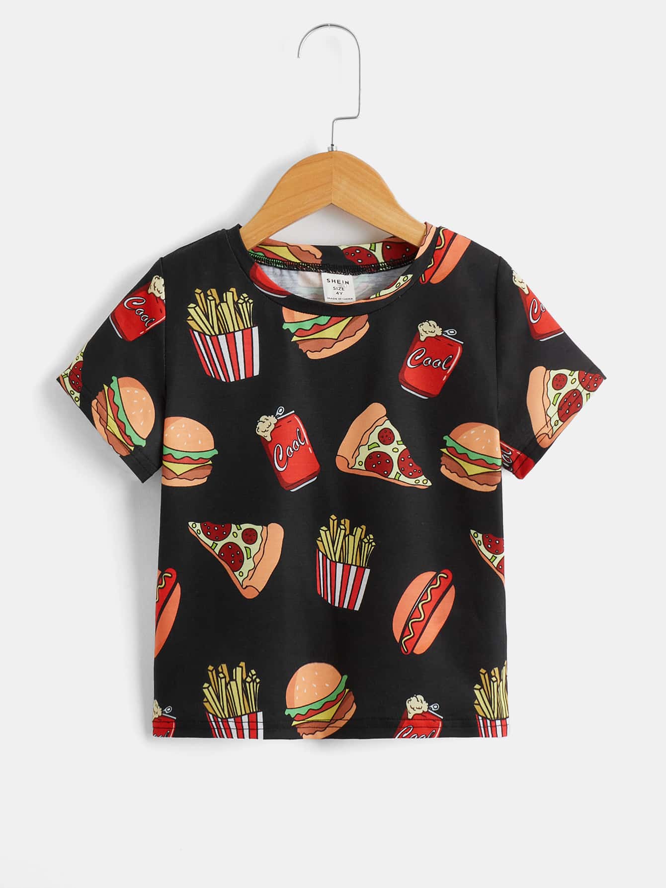 SHEIN 男の子用カジュアル な快適な 半袖 Tシャツ/フードプリント/丸首 