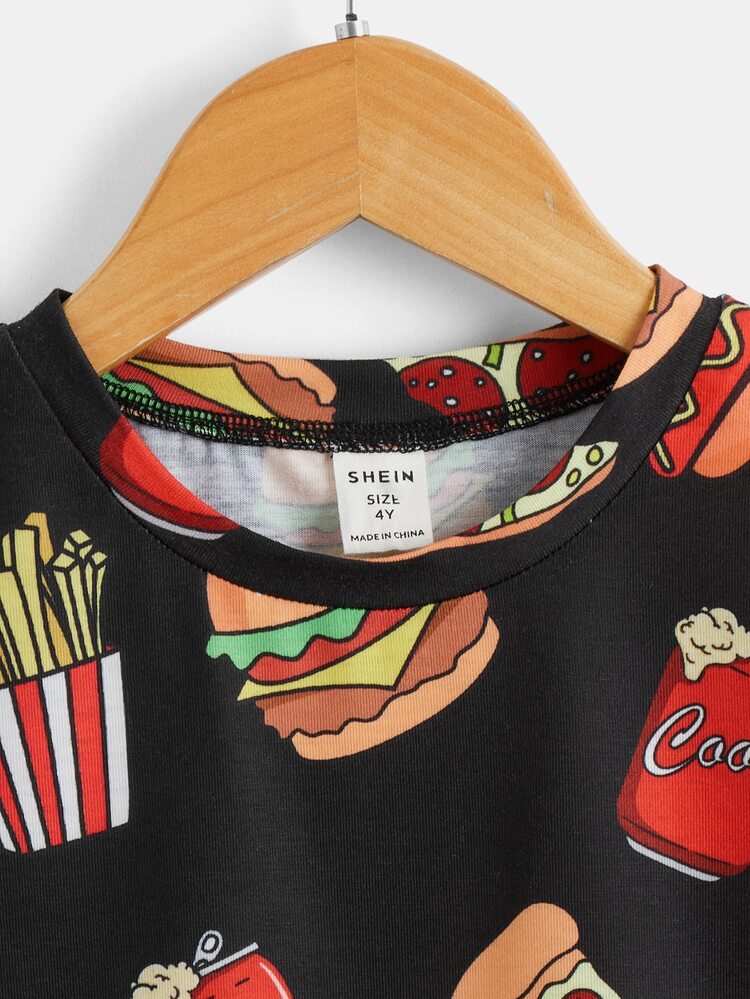 SHEIN 男の子用カジュアル な快適な 半袖 Tシャツ/フードプリント/丸首 