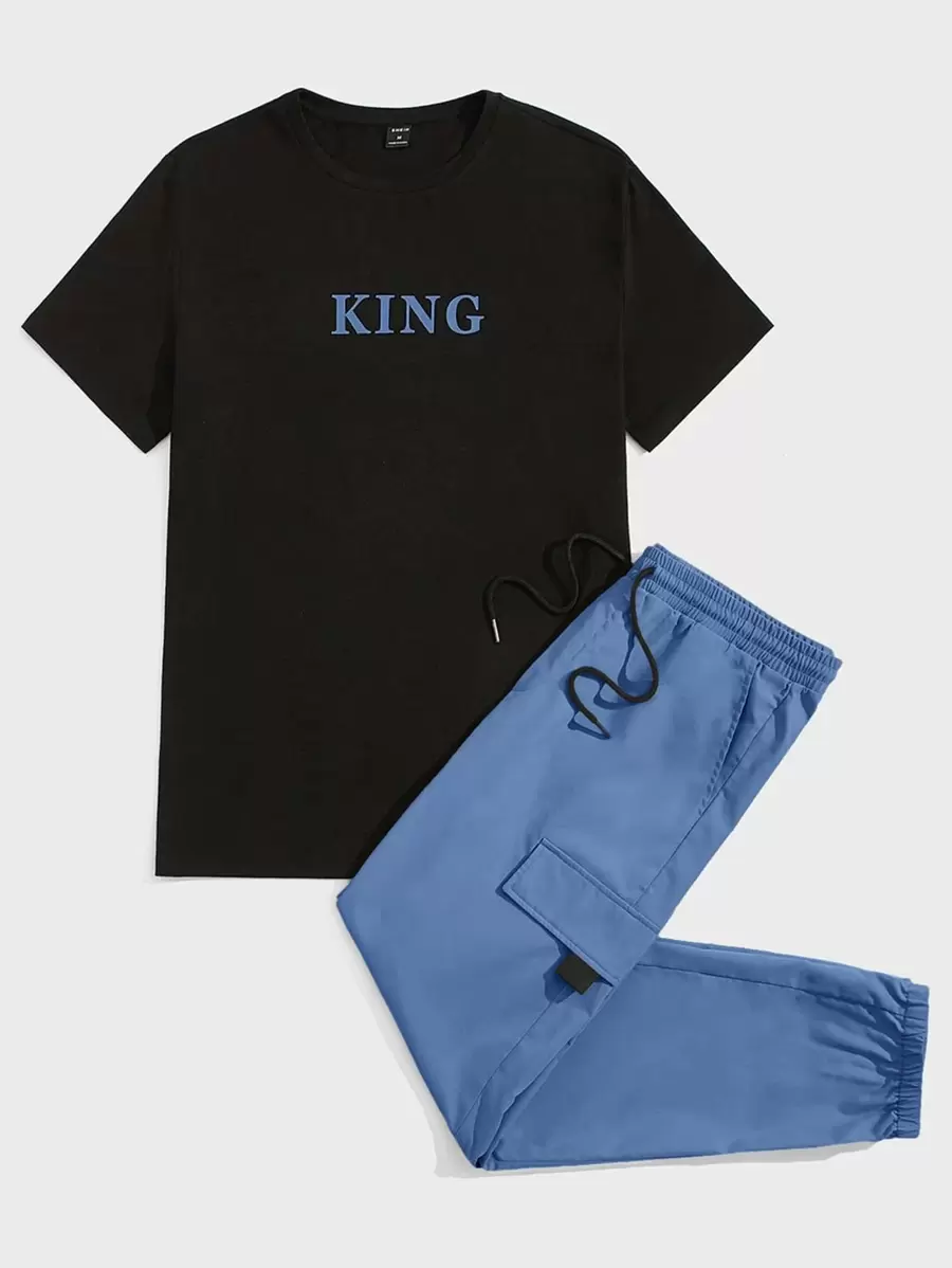 Manfinity VCAY Áo thun họa tiết chữ cho nam và quần cạp rút Trang phục mùa hè - Màu xanh bụi bặm - Xem 1
