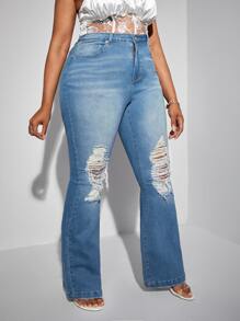 SHEIN SXY 大碼高腰破洞牛仔喇叭褲 - 中等水洗藍 - 查看 4