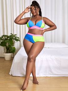 Conjunto de bikini de talla grande con diseño de bloques de color y cintura alta para playa de verano - Multicolor - Ver 5