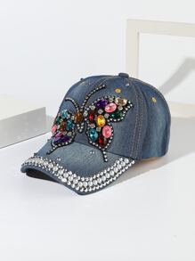 Fashion Denim Baseball Cap With Butterfly Rhinestone Decor - View 1