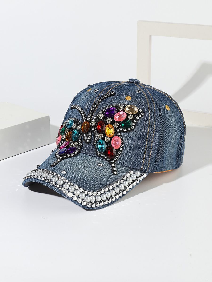 Fashion Denim Baseball Cap With Butterfly Rhinestone Decor - View 1