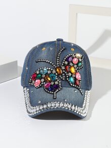 Fashion Denim Baseball Cap With Butterfly Rhinestone Decor - View 3