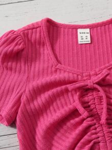 SHEIN 小女童褶邊前打結T恤和喇叭褲 - 玫紅色 - 查看 3