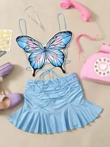 SHEIN ICON 90s Butterfly Print Tie Backless Cami Top & Ruched Ruffle Hem Skirt - Baby Blue - View 1