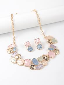 Vòng cổ & hoa tai đính đá màu khối hình học - Nhiều màu - Xem 1