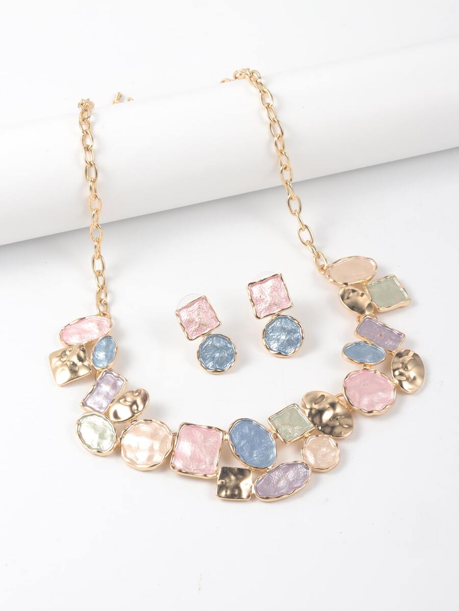Vòng cổ & hoa tai đính đá màu khối hình học - Nhiều màu - Xem 1