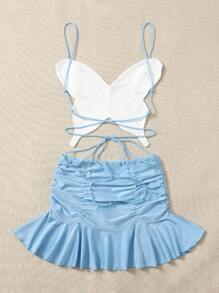 SHEIN ICON 90s Butterfly Print Tie Backless Cami Top & Ruched Ruffle Hem Skirt - Baby Blue - View 2