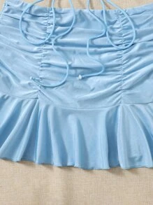 SHEIN ICON 90s Butterfly Print Tie Backless Cami Top & Ruched Ruffle Hem Skirt - Baby Blue - View 4