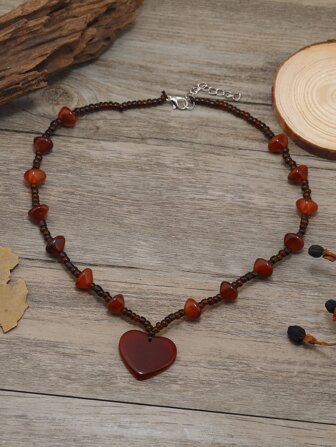 1 pieza Collar hecho a mano con cuentas y resina con forma de corazón vintage, regalo pequeño y portátil para San Valentín, mamá, día de la madre